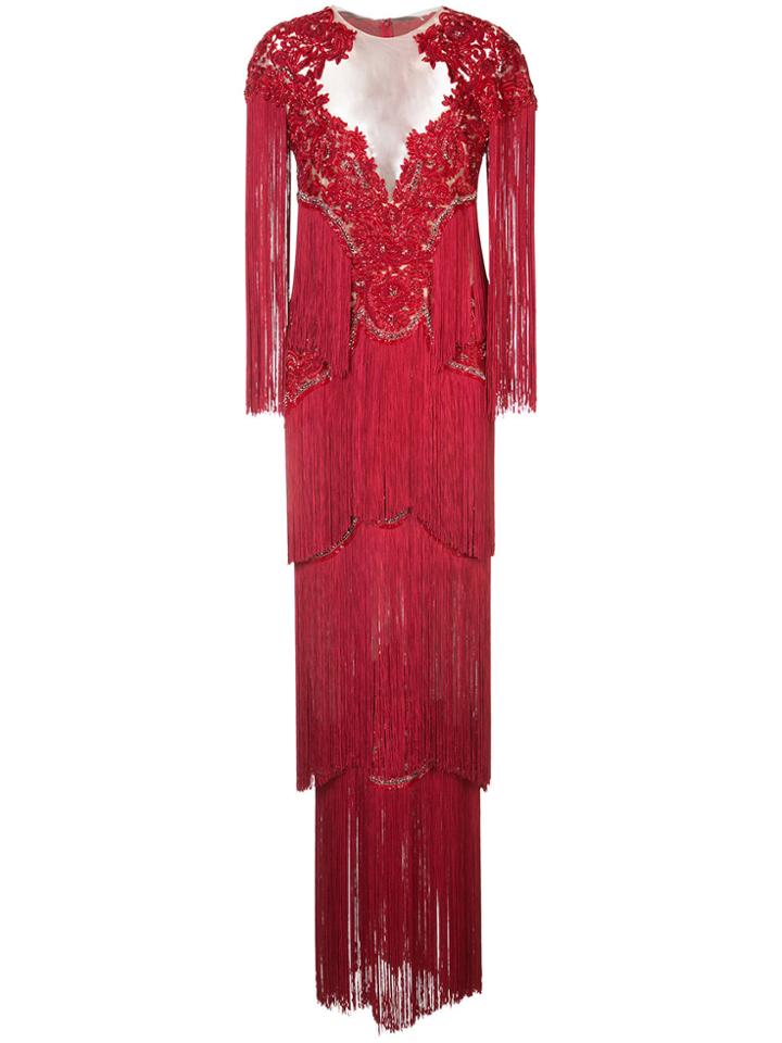 Marchesa Lace Embroidered Tassel Dress