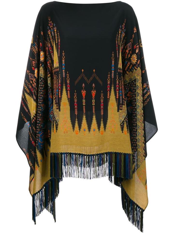 Etro Embroidered Fringed Poncho, Women's, Black, Silk/acetate