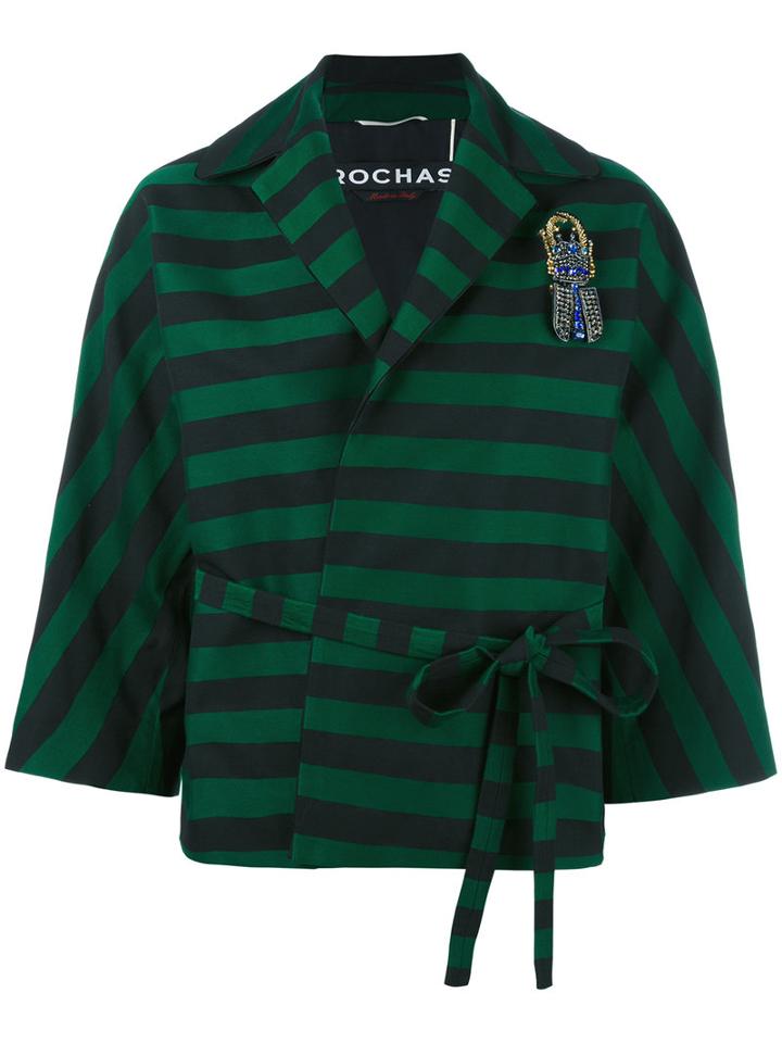 Rochas Striped Belted Cropped Jacket, Size: 40, Green, Cotton/polyester/silk