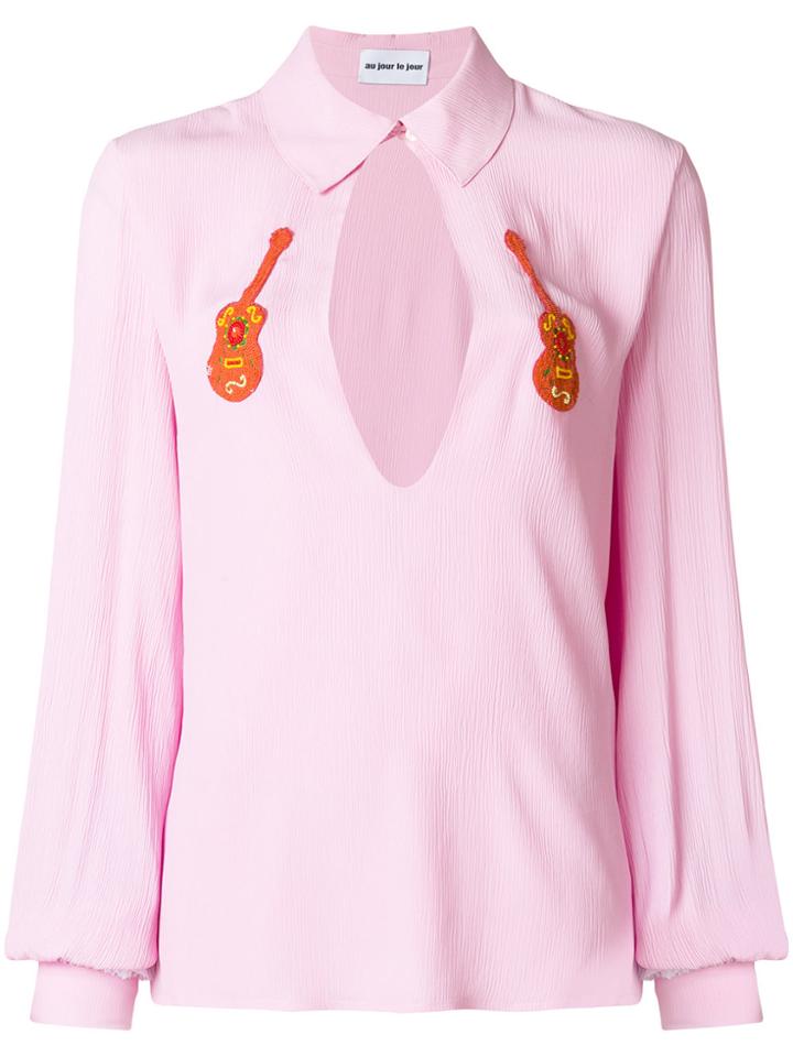 Au Jour Le Jour Textured Guitar Embellished Blouse - Pink & Purple