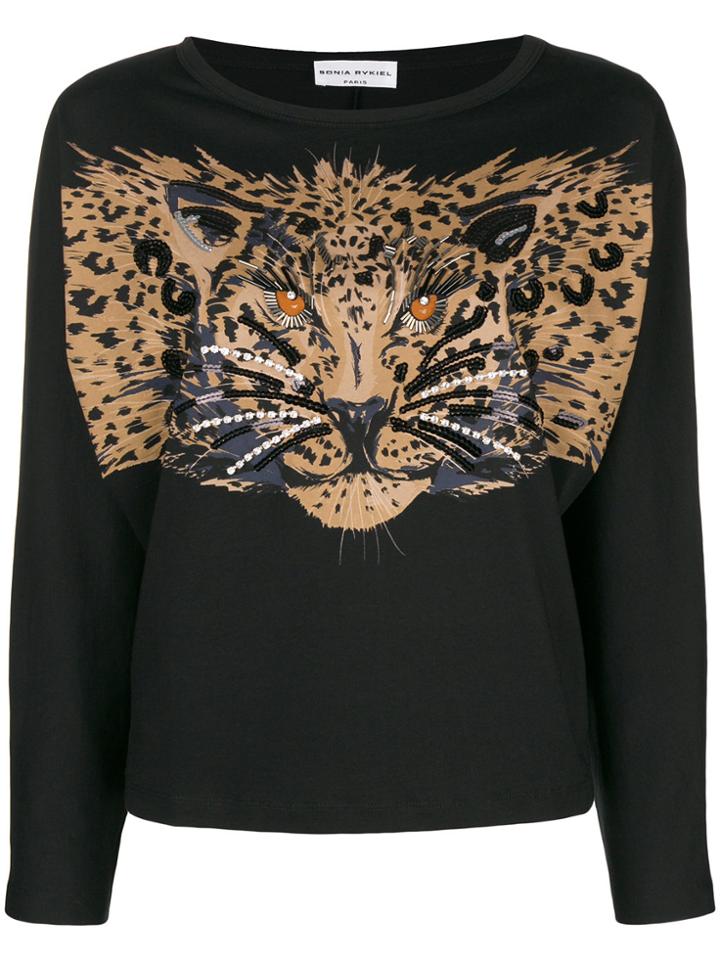 Sonia Rykiel Longsleeved Leopard Print T-shirt - Black