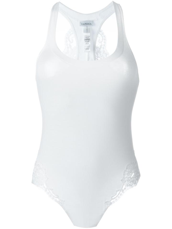 La Perla Lace Insert Racerback Bodysuit, Women's, Size: 2, White, Cotton/spandex/elastane/nylon