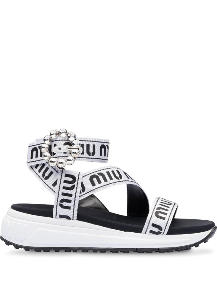 Miu Miu Sandals With Jewelled Buckle - White