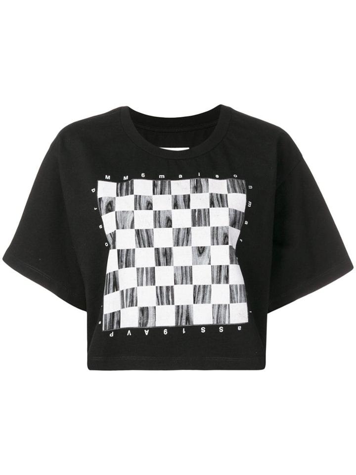 Mm6 Maison Margiela Cropped Checkerboard-print T-shirt - Black