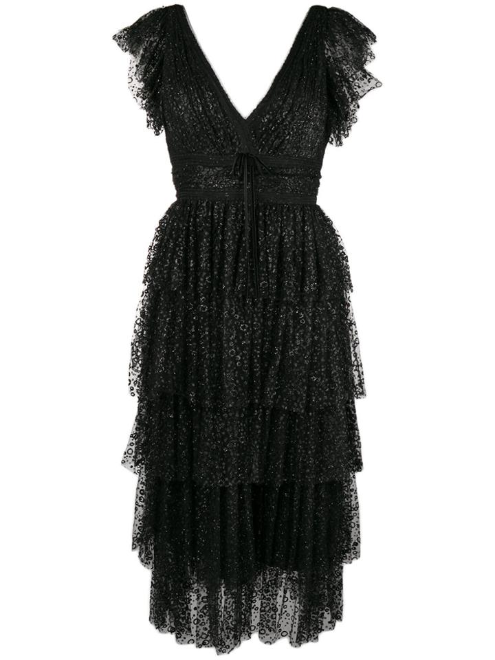 Marchesa Notte Tiered Sequinned Dress - Black