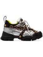 Gucci Gcci Flashtrek Chnky Mtlc Lthr Snkr Crys - Silver