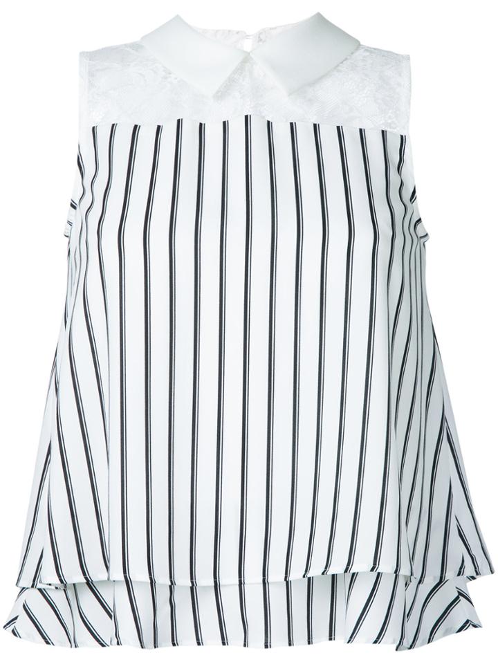 Loveless Lace Panel Striped Sleeveless Shirt - White