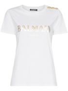 Balmain White Buttoned Logo Print T Shirt
