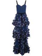 Marchesa Notte Mixed-media Texture Tiered Gown - Blue