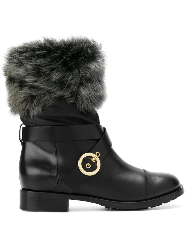 Pollini Fox Fur Lined Buckle Boots - Black