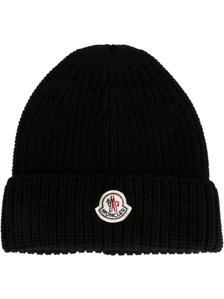 Moncler Ribbed Knit Beanie, Men's, Black, Virgin Wool