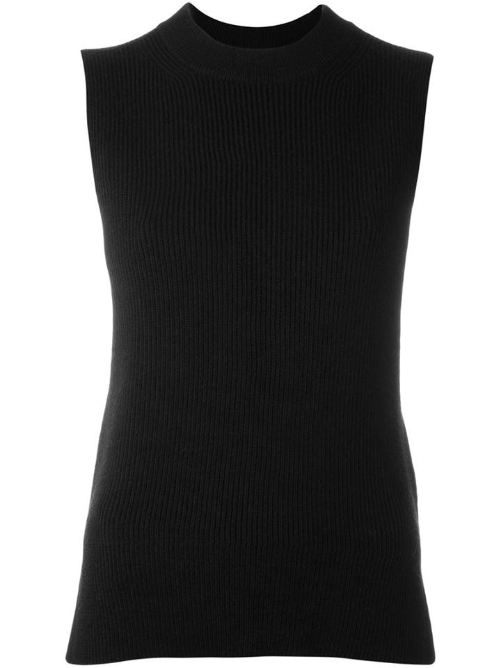 Dkny Lateral Slit Ribbed Tank, Women's, Size: Large, Black, Merino