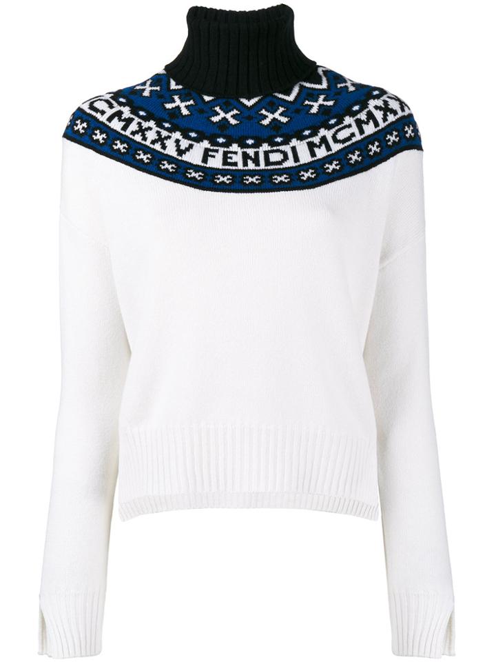 Fendi Logo Intarsia Turtle Neck Sweater - White