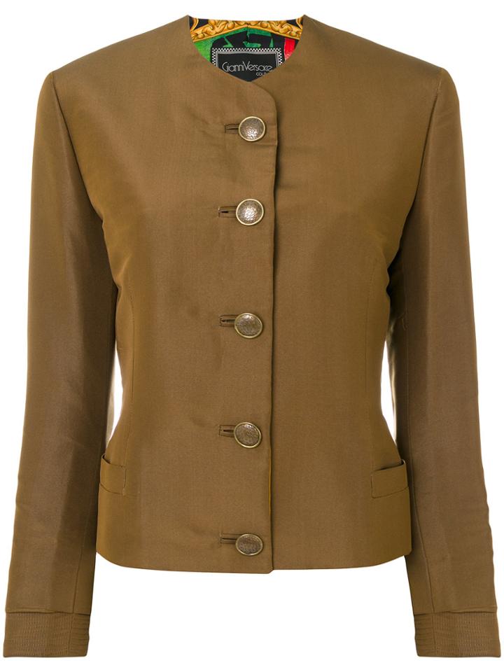 Versace Vintage Collarless Fitted Jacket - Brown