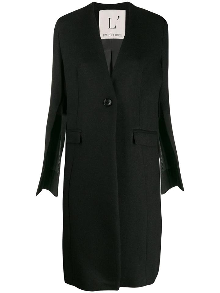 L'autre Chose Collarless Slit Sleeves Coat - Black