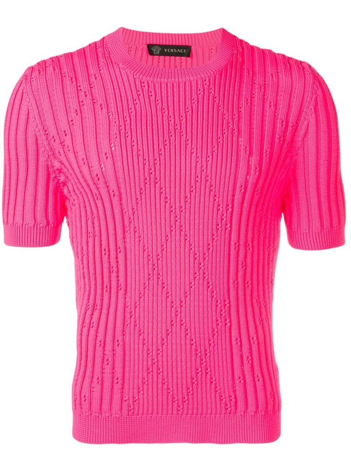 Versace Ribbed Short Sleeve Sweater - Pink