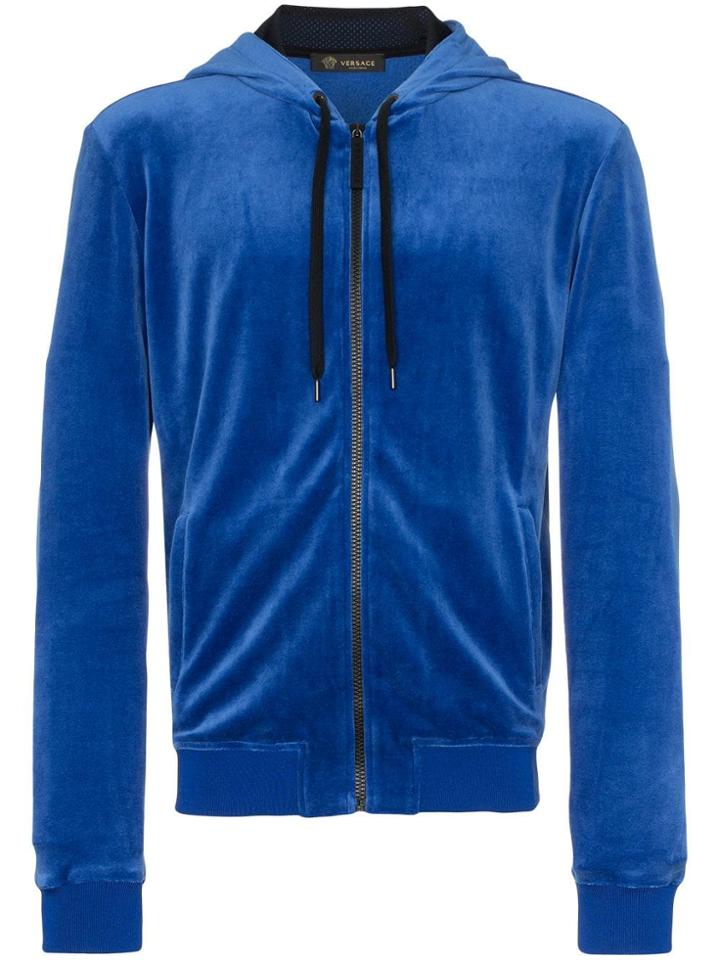 Versace Medusa Embroidered Zip Up Hooded Jumper - Blue