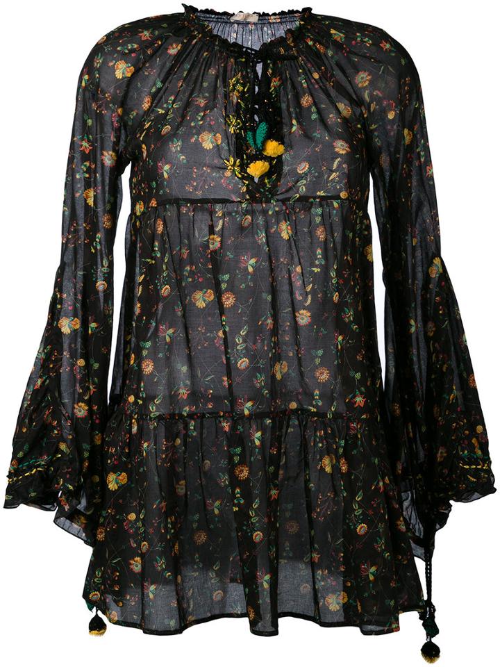 Anjuna - Floral Flared Sleeve Dress - Women - Cotton - M, Black, Cotton