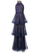 Marchesa Notte Pleated Lace Evening Dress - Blue