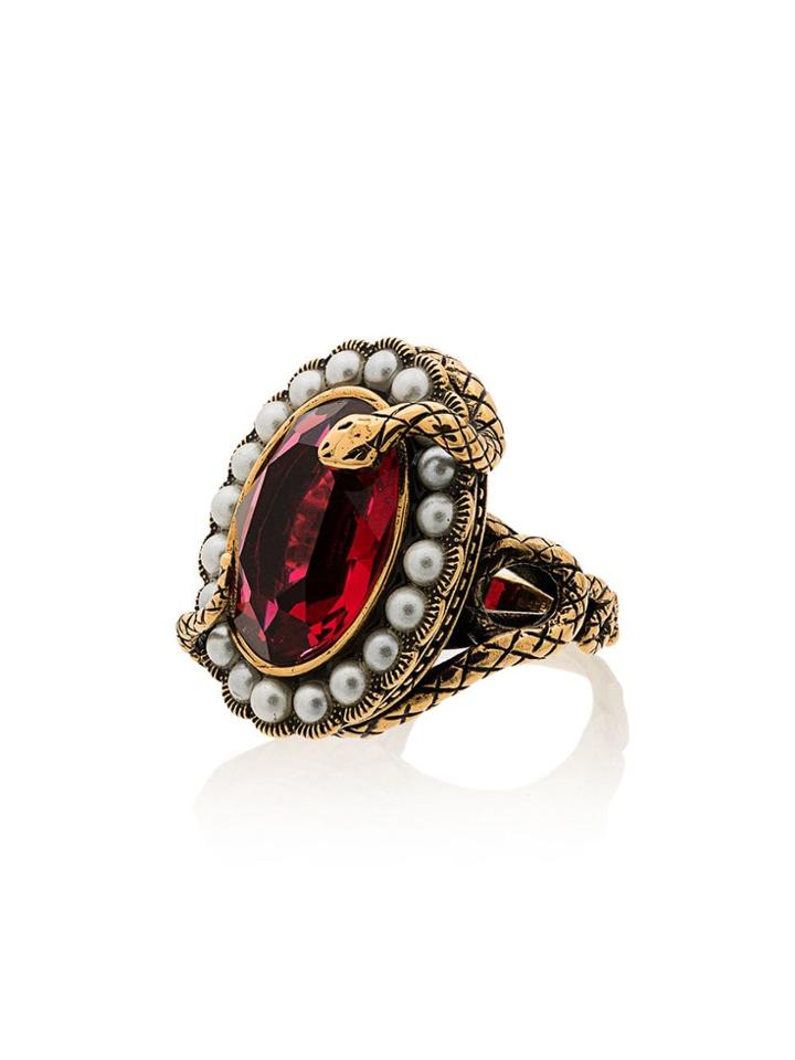 Alexander Mcqueen Metallic Snake Jewel Faux Pearl Ring - Gold