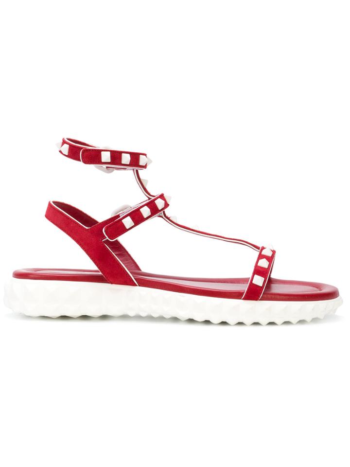 Valentino Flat Rockstud Sandals - Red