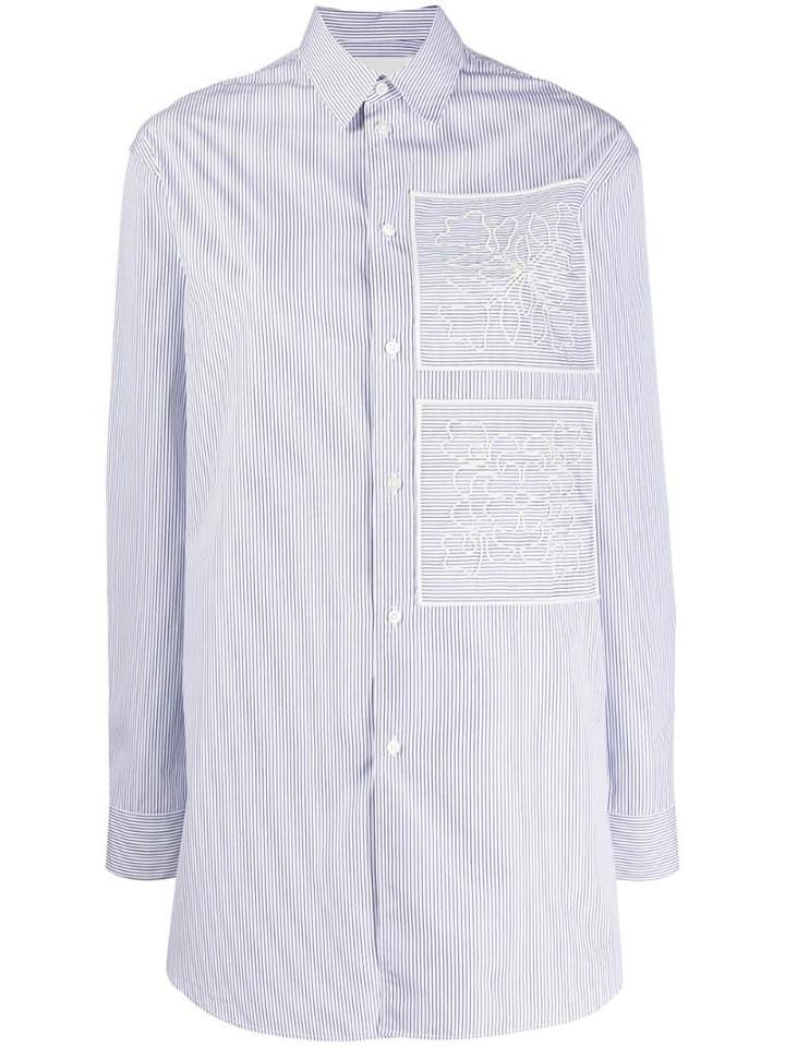 Jil Sander Striped Floral Embroidery Shirt - Blue