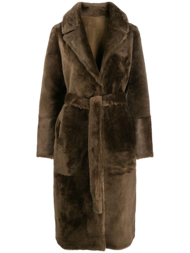 Yves Salomon Belted Fur Coat - Brown