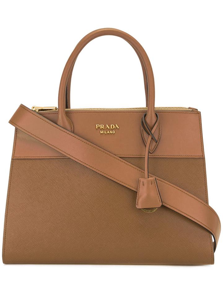 Prada Logo Plaque Tote, Women's, Brown, Calf Leather