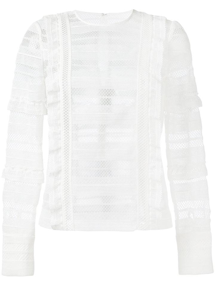 Self-portrait - Sheer Panel Long Sleeve Top - Women - Polyester - 10, White, Polyester