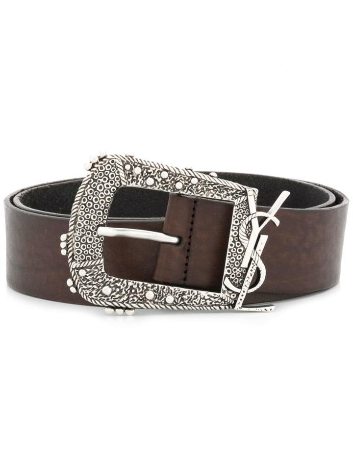 Saint Laurent Decorative Buckle Logo Belt - Brown