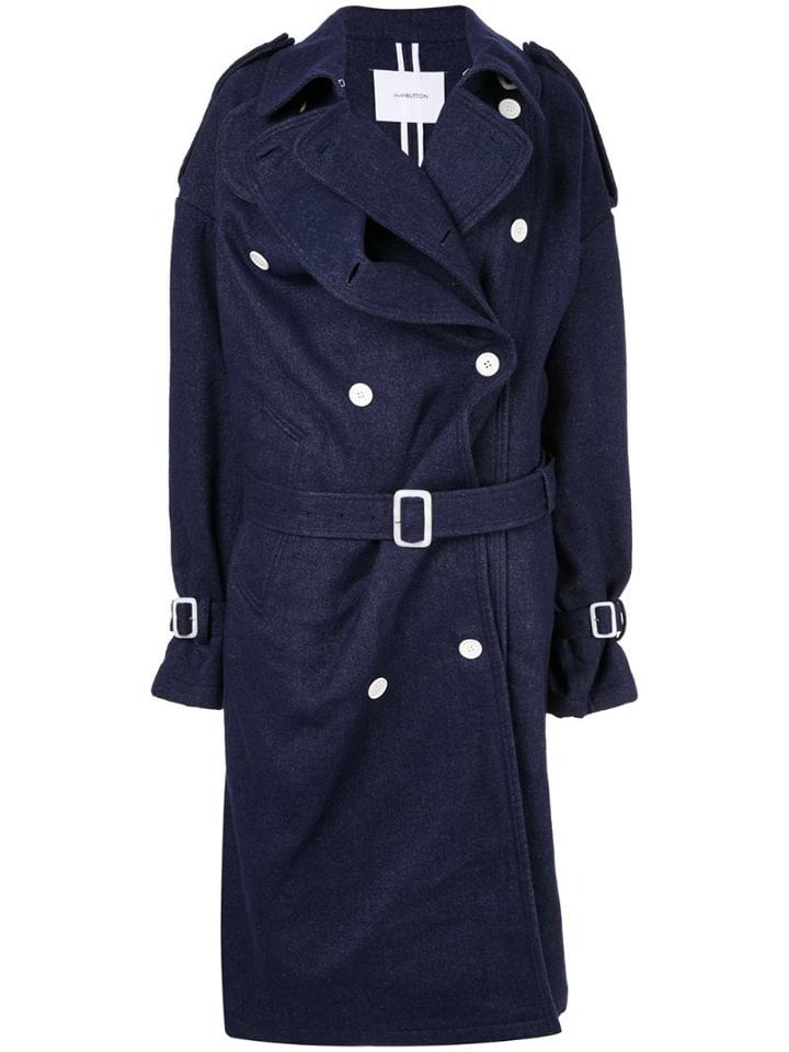 Pushbutton Denim Double-breasted Coat - Blue
