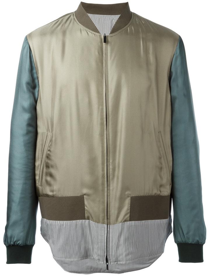Fendi Striped Hem Bomber Jacket, Men's, Size: 48, Green, Silk/polyamide/spandex/elastane/polyester