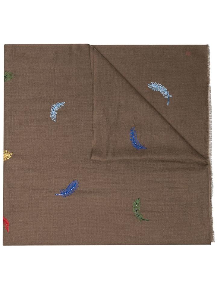 Janavi Brown Feather Embroidered Scarf - Green