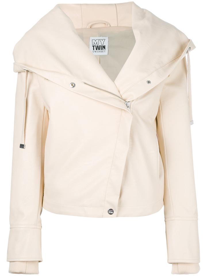 Twin-set Hooded Biker Jacket, Women's, Size: Large, Nude/neutrals, Viscose/cotton/resin/polyester