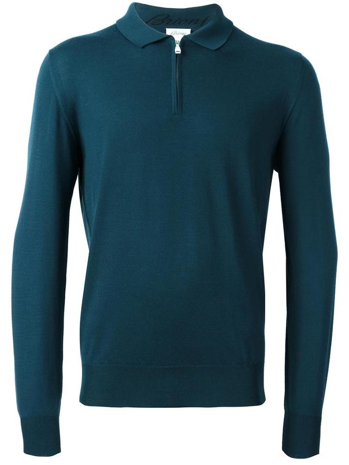 Brioni Zip Up Polo Shirt, Men's, Size: 50, Green, Wool
