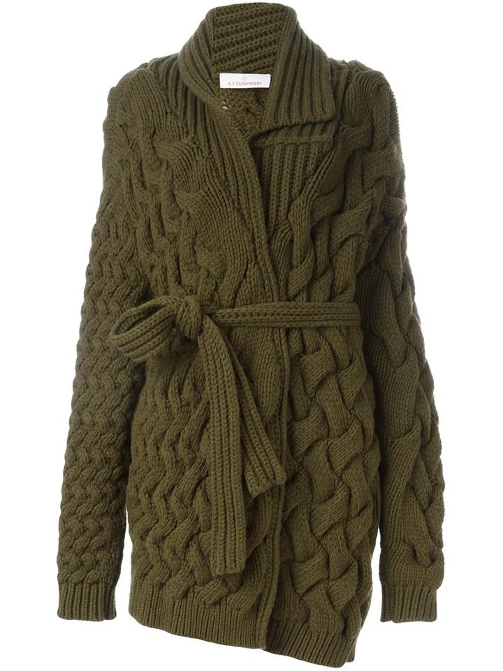A.f.vandevorst Cable Knit Belted Cardigan, Women's, Size: 38, Green, Virgin Wool
