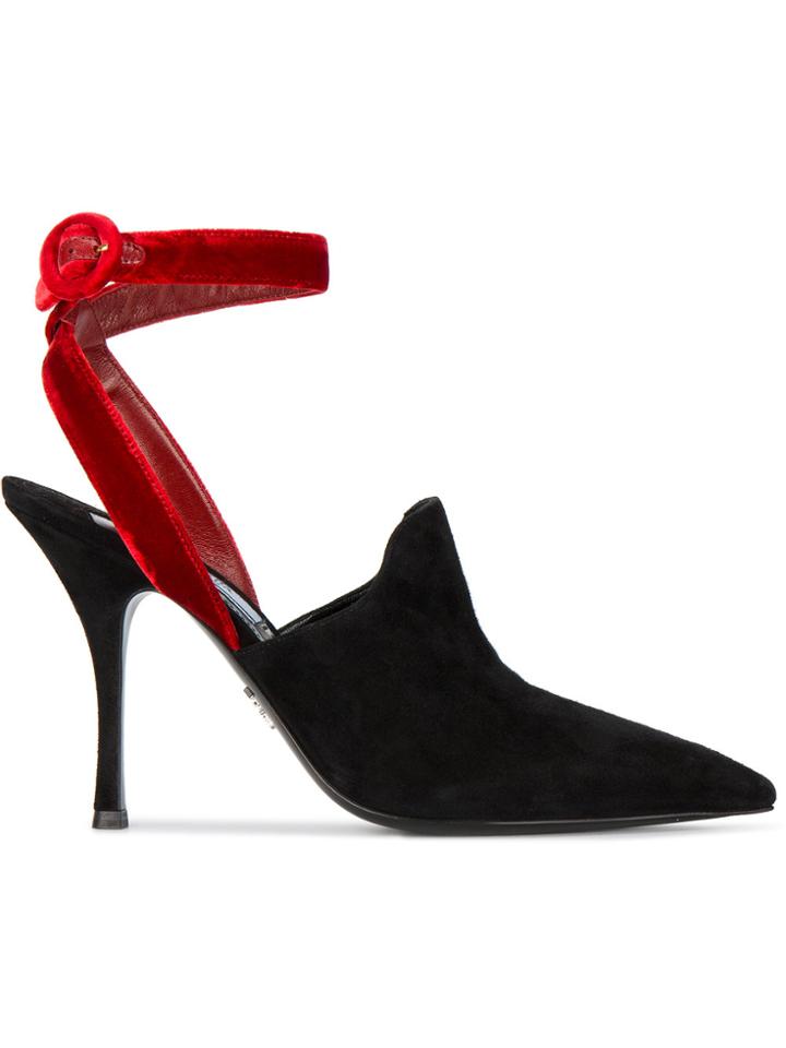 Prada Black Suede Red Velvet Tie 100 Pumps