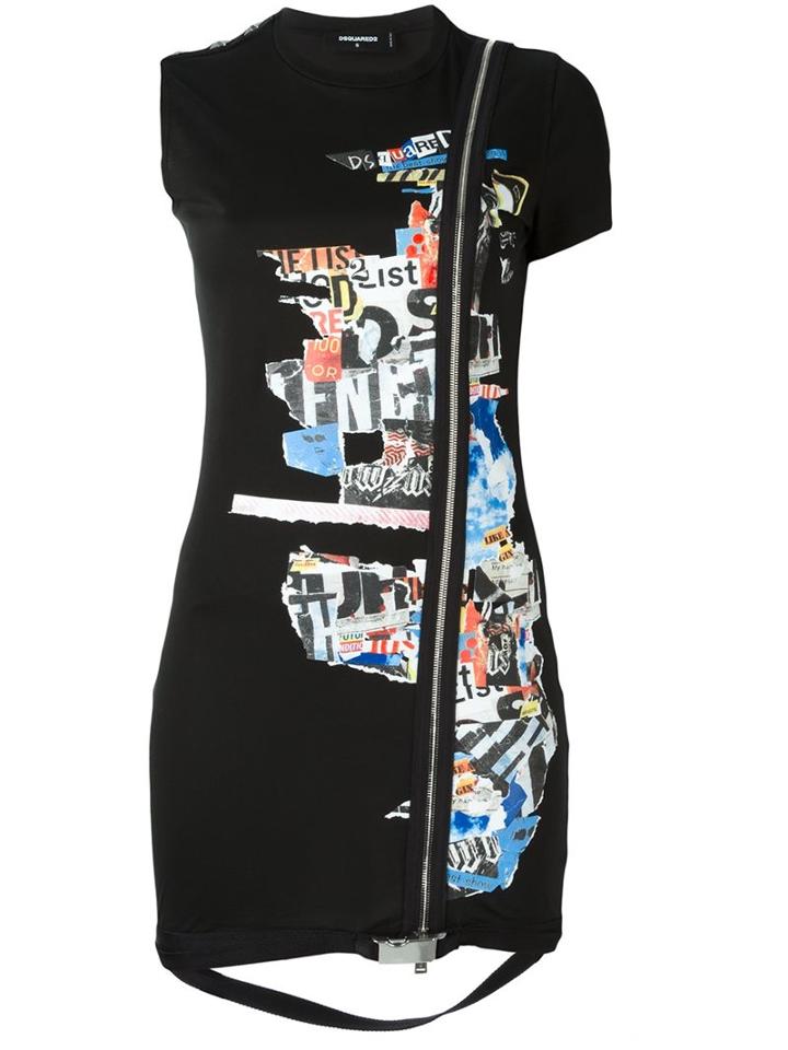 Dsquared2 Zipped Newspaper Collage Dress, Women's, Size: Large, Black, Cotton