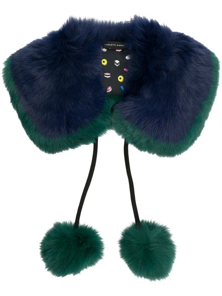 Charlotte Simone Fur Collar Scarf With Pom-poms - Blue