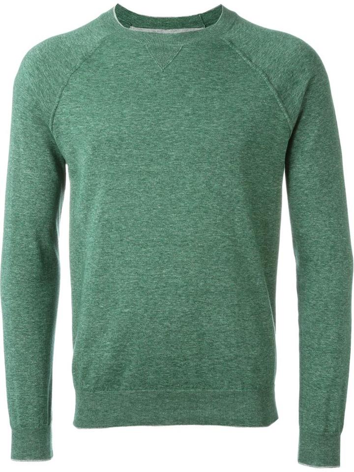 Eleventy Fine Knit Crew Neck Sweater, Men's, Size: Small, Green, Cotton