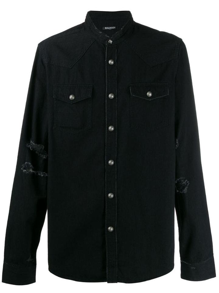 Balmain Logo-printed Distressed Denim Shirt - Black