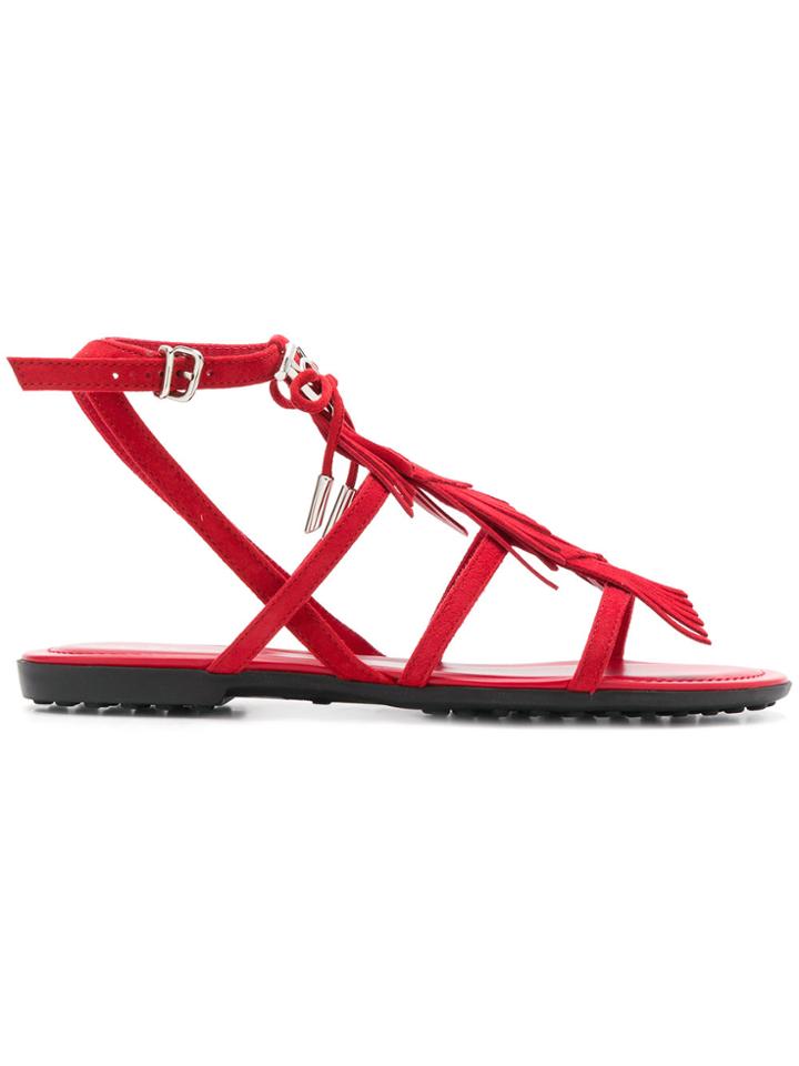 Tod's Fringe Logo Plaque Sandals - Red