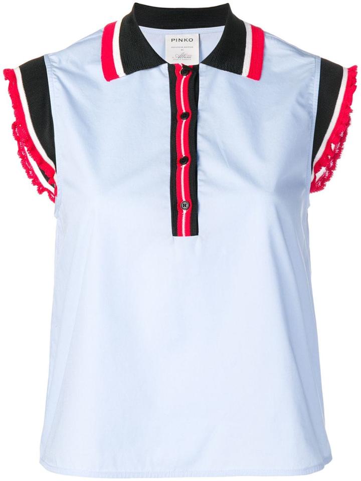 Pinko Ruffled Contrast Sleeves Polo Shirt - Blue