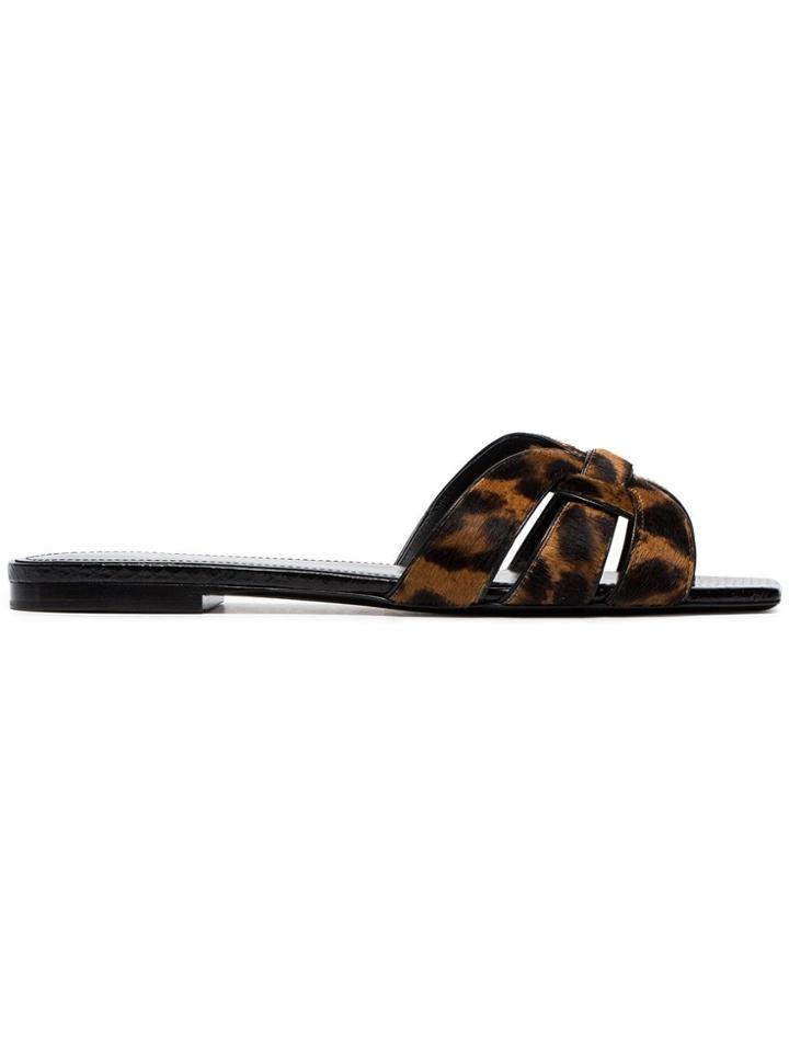 Saint Laurent Nu Pied Leopard Print Slides - Black
