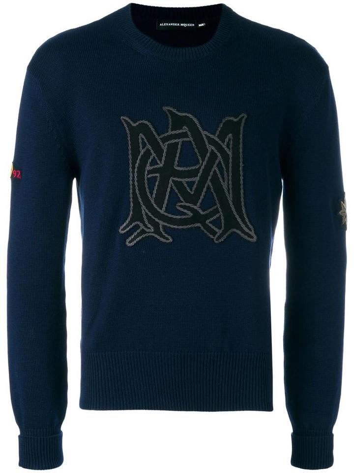 Alexander Mcqueen Insignia Embroidered Jumper, Men's, Size: Large, Blue, Cotton
