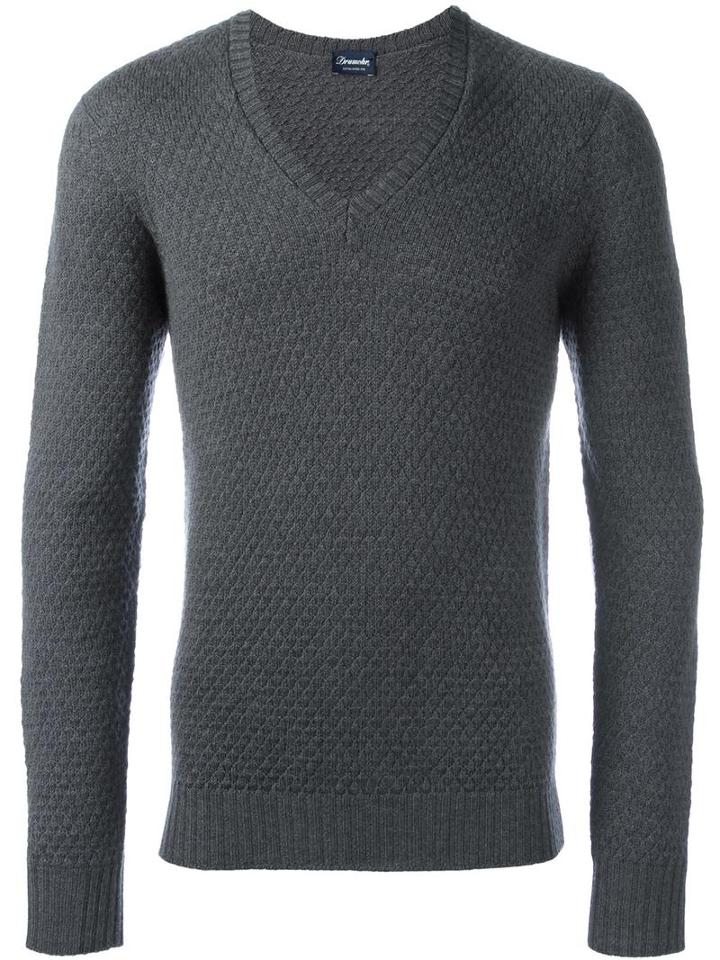 Drumohr V-neck Jumper, Men's, Size: 52, Grey, Merino