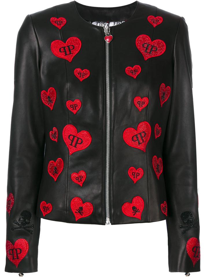 Philipp Plein - Heart Patch Jacket - Women - Lamb Skin/polyester/spandex/elastane - M, Black, Lamb Skin/polyester/spandex/elastane
