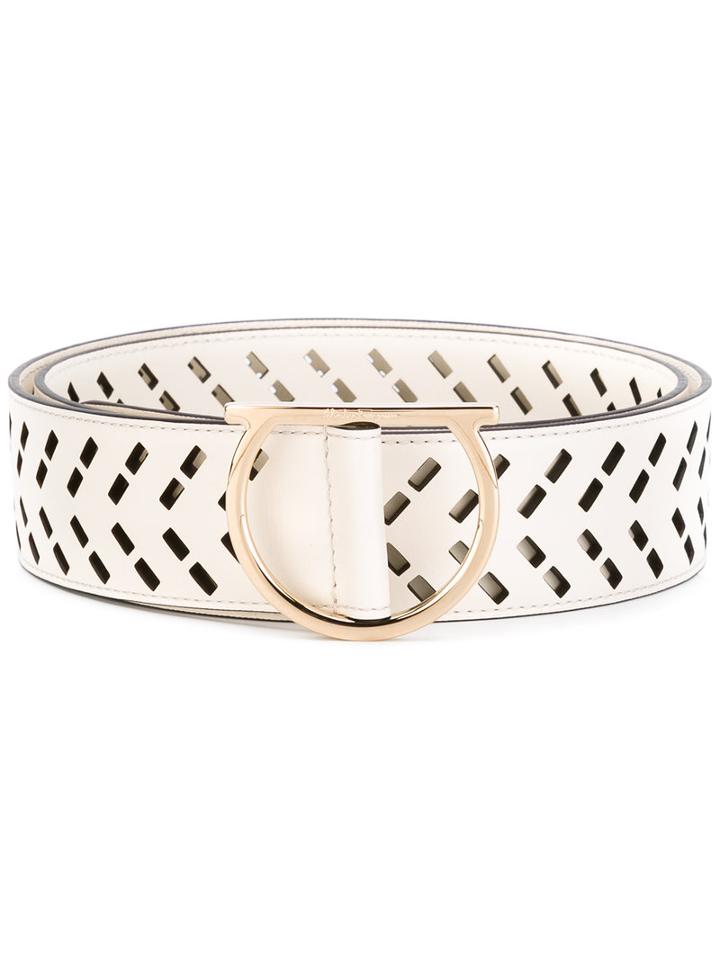 Salvatore Ferragamo Laser-cut Gancio Belt, Women's, Size: 90, White, Calf Leather
