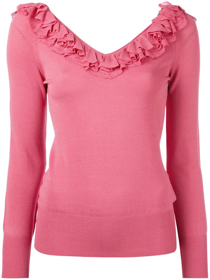 Ermanno Scervino - Ruffle Neck Top - Women - Nylon/polyester/viscose - 40, Pink/purple, Nylon/polyester/viscose