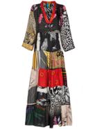 Rianna + Nina Multi Horse Floral Print V-neck Silk Kaftan Dress -